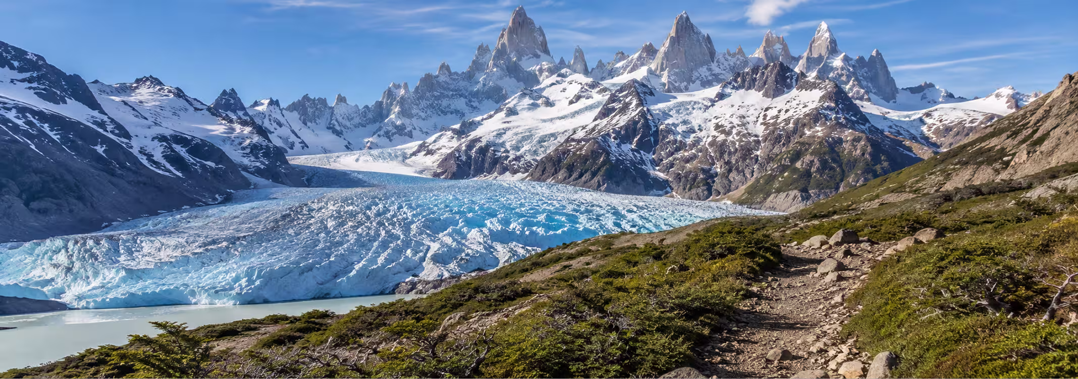 Hikers trekking near Patagonia glaciers and mountains