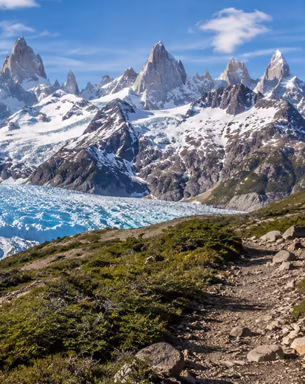Hikers trekking near Patagonia glaciers and mountains