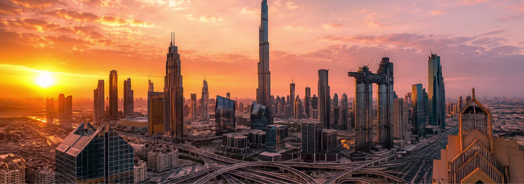 Dubai skyline with luxury skyscrapers at sunset
