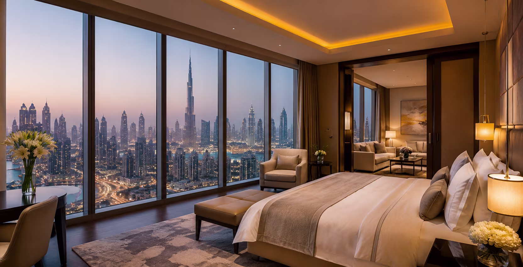 Luxury hotel suite with panoramic Dubai city view