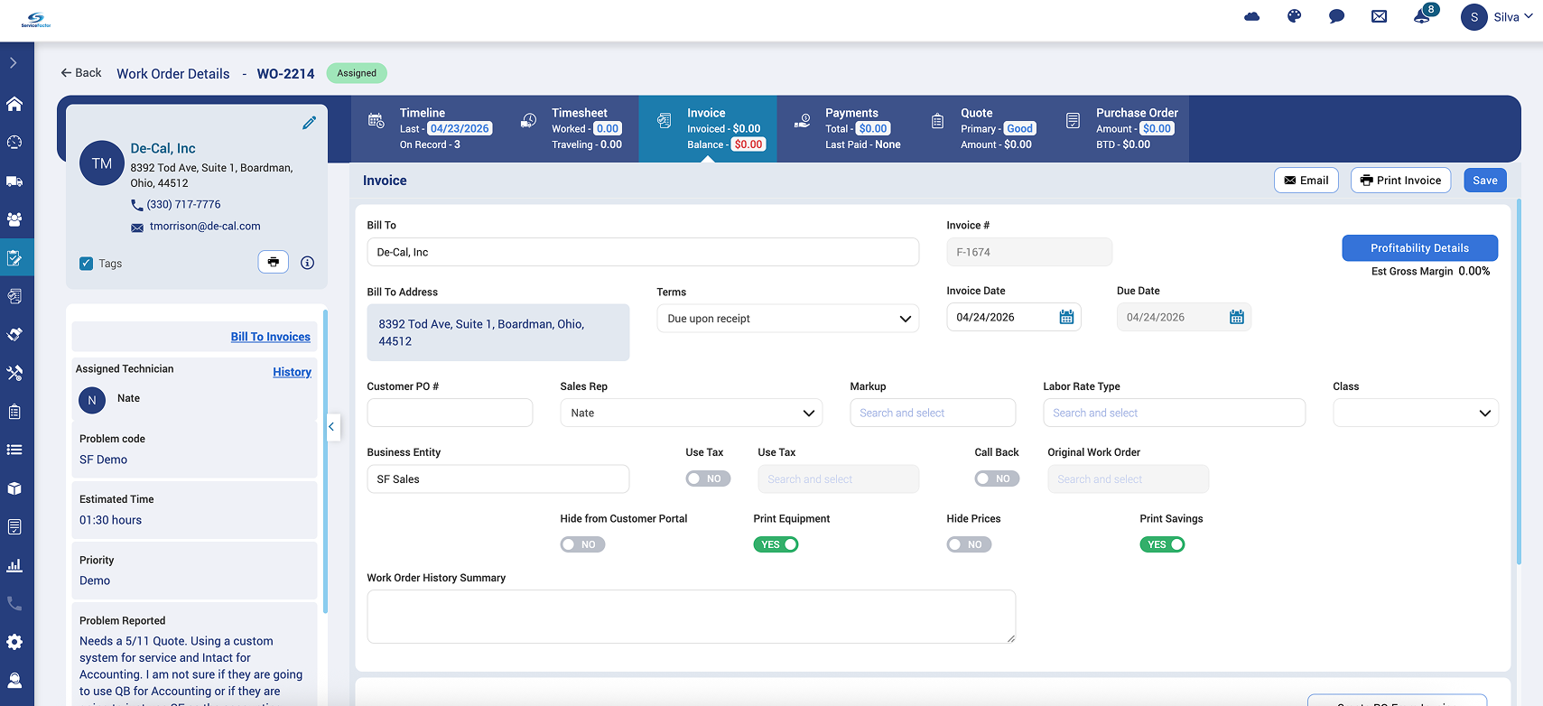 ServiceFactor invoice screen showing billing details, assigned technician, timesheet, invoice status, and actions.