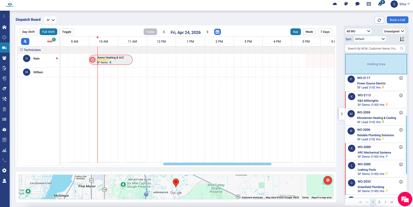 ServiceFactor dispatch board showing technicians Nate and William with a scheduled job from 9 to 10 AM, map below.