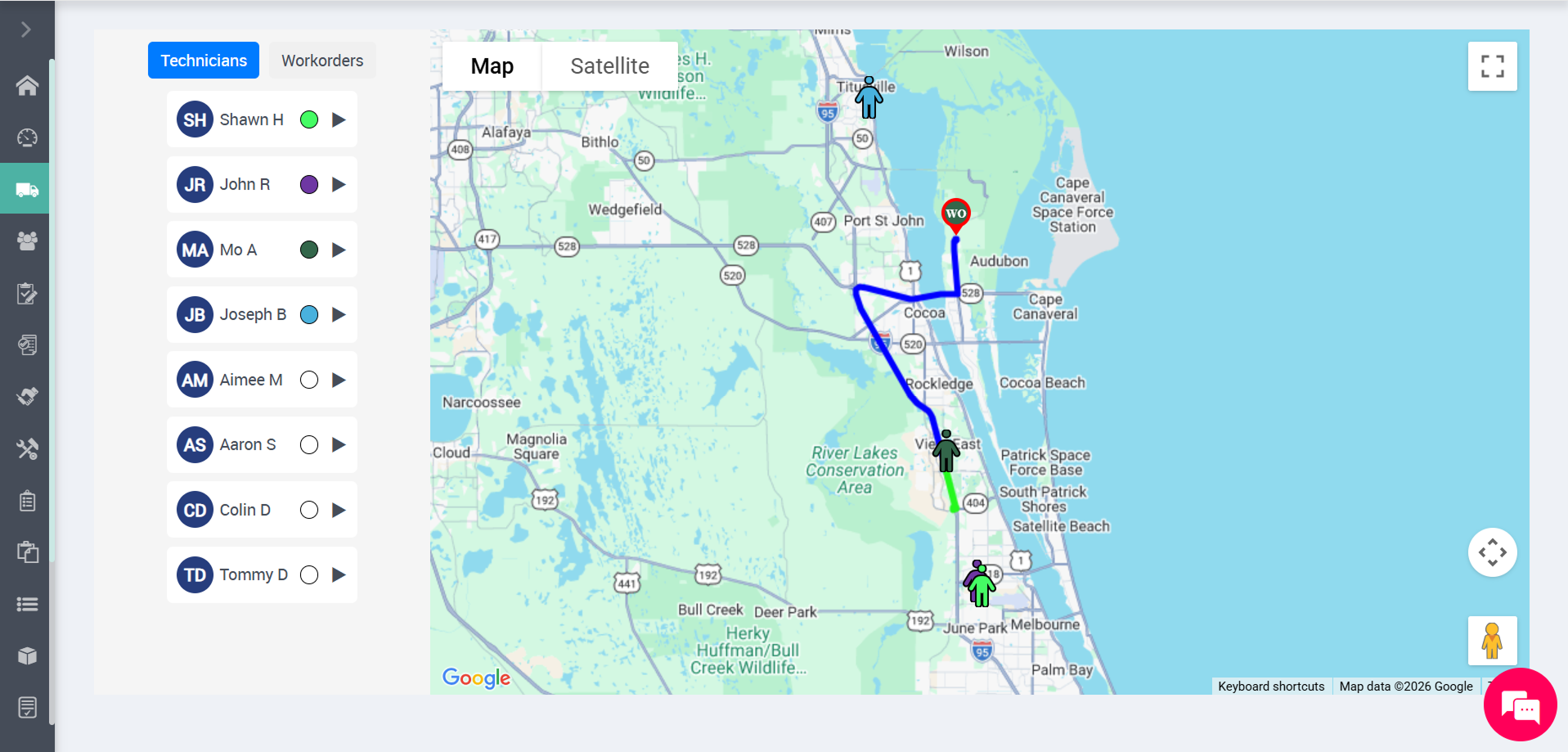 GPS dispatch map showing technician locations and routes near Cape Canaveral and surrounding areas.