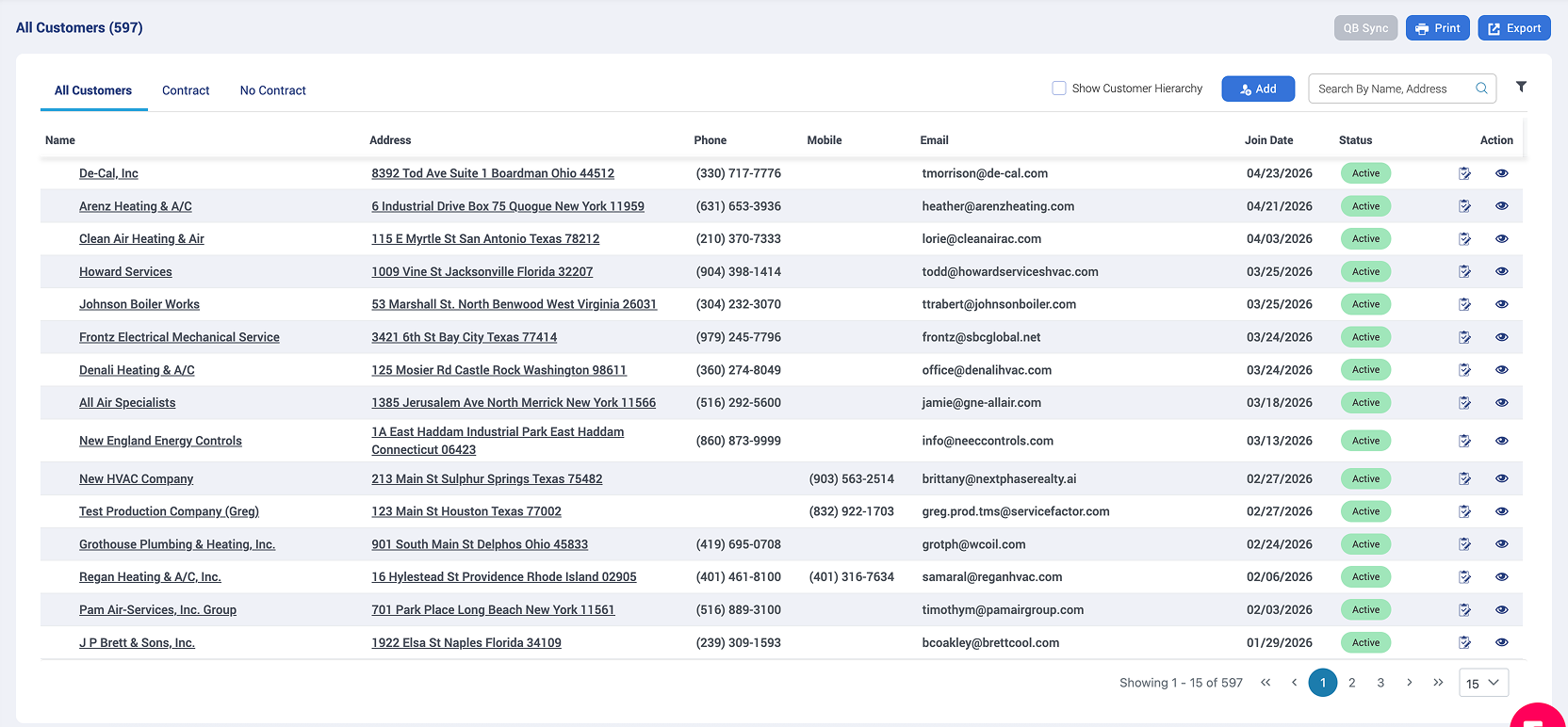 Customer list table showing names, addresses, phone, email, join date, and active status in a CRM interface.