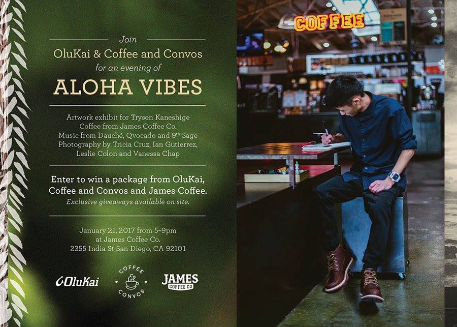 Event flyer for Aloha Vibes with OluKai, Coffee and Convos and James Coffee Co., January 21, 2017
