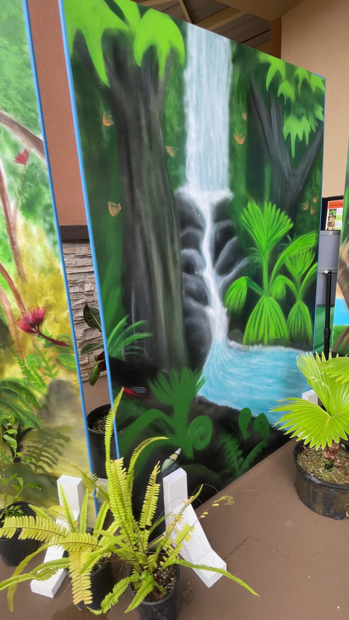 Upland panel with a waterfall and native ferns on display with potted native plants