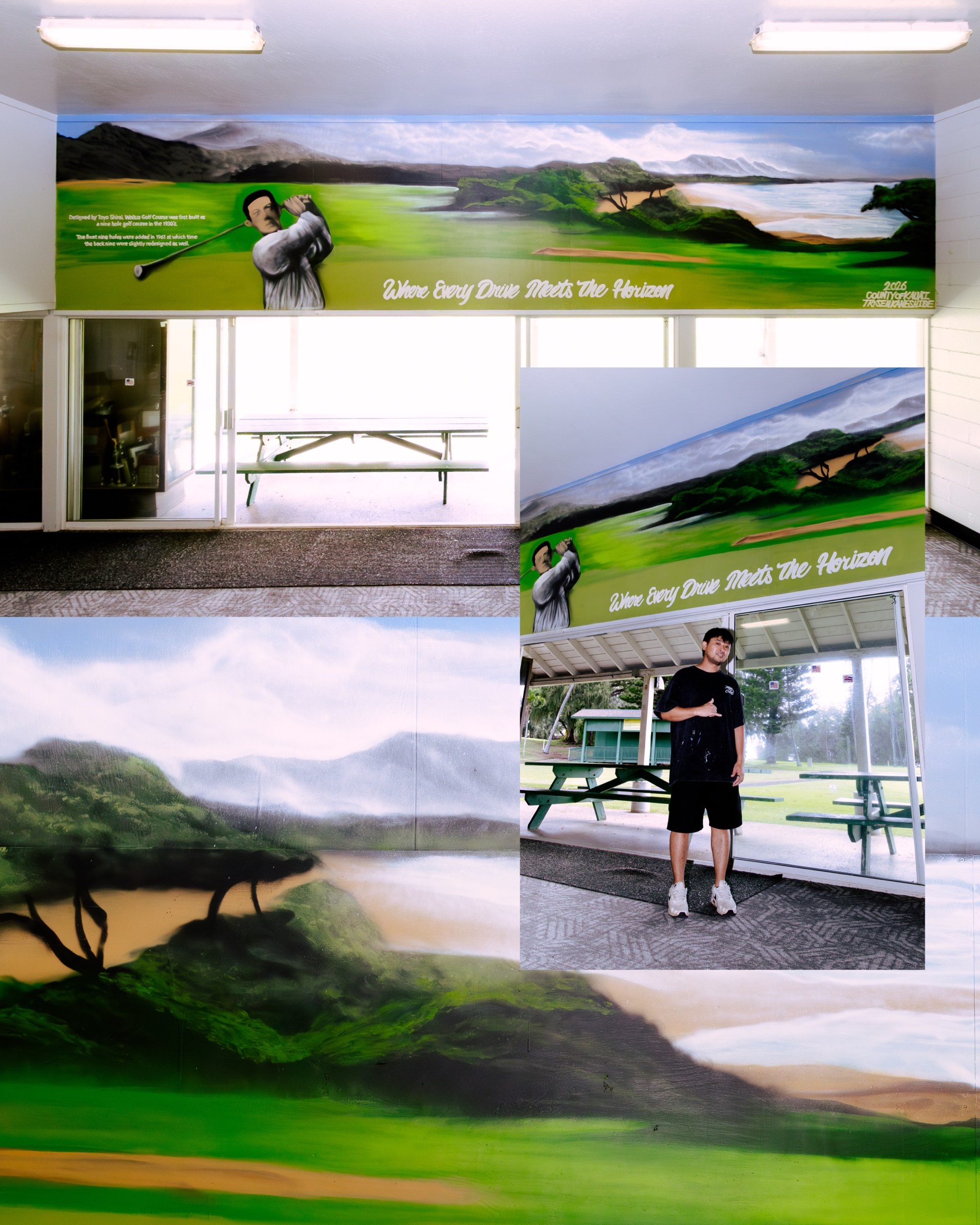 Trysen Kaneshige throwing a shaka at the clubhouse lanai under the finished Wailua Golf Course mural, with close-ups of the bluffs and fairway