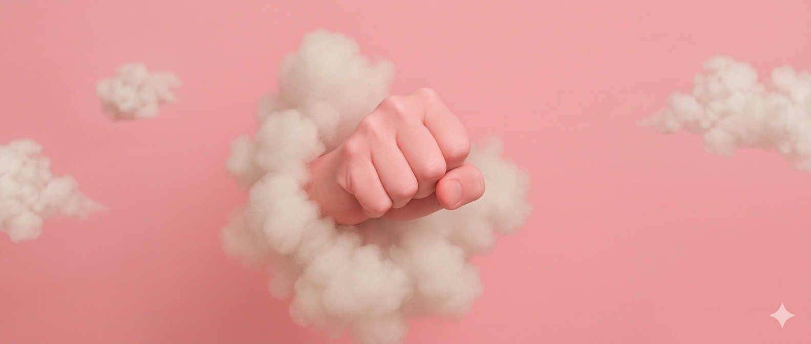 Stylised pink-skinned fist punching through soft white clouds against a pink background.