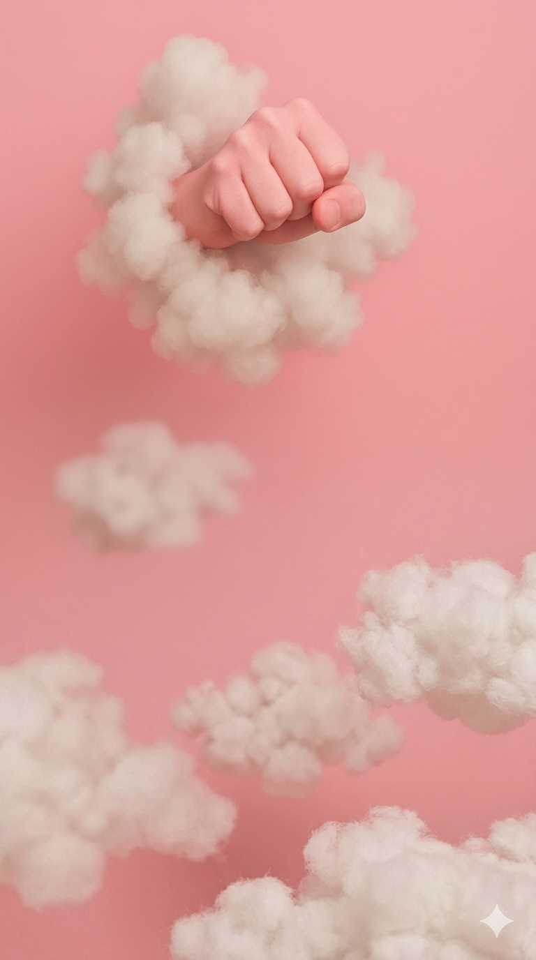 Stylised pink fist photograph in portrait format, framed for mobile viewports.