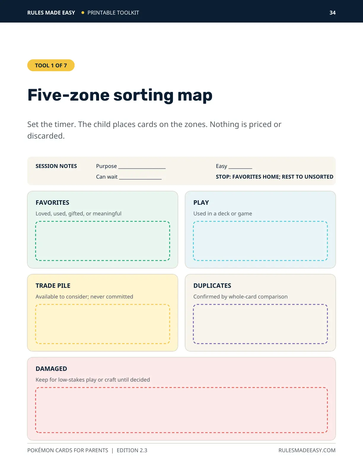 Printable five-zone sorting map for Pokémon cards