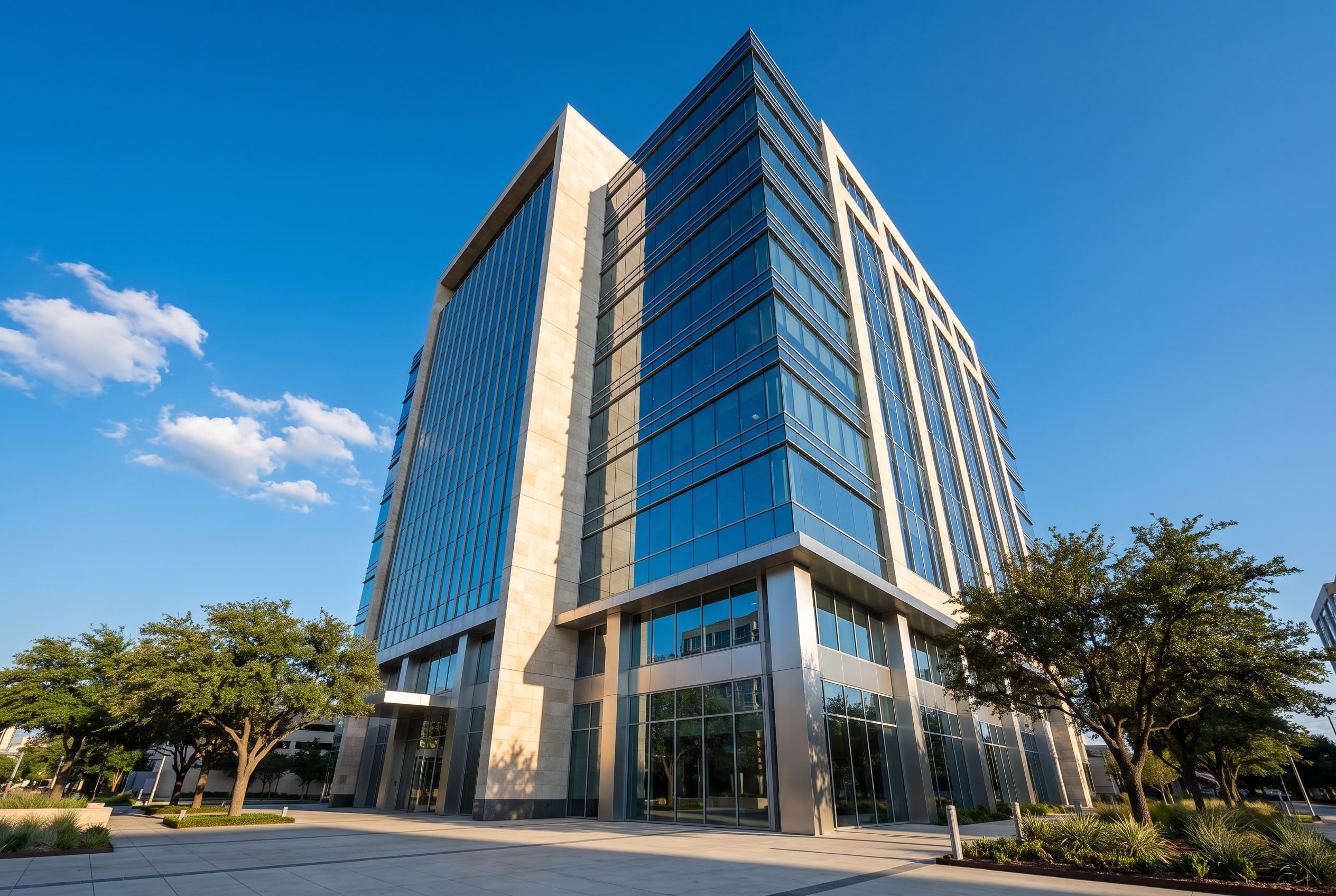 Modern Class-A commercial office tower in a Texas business district