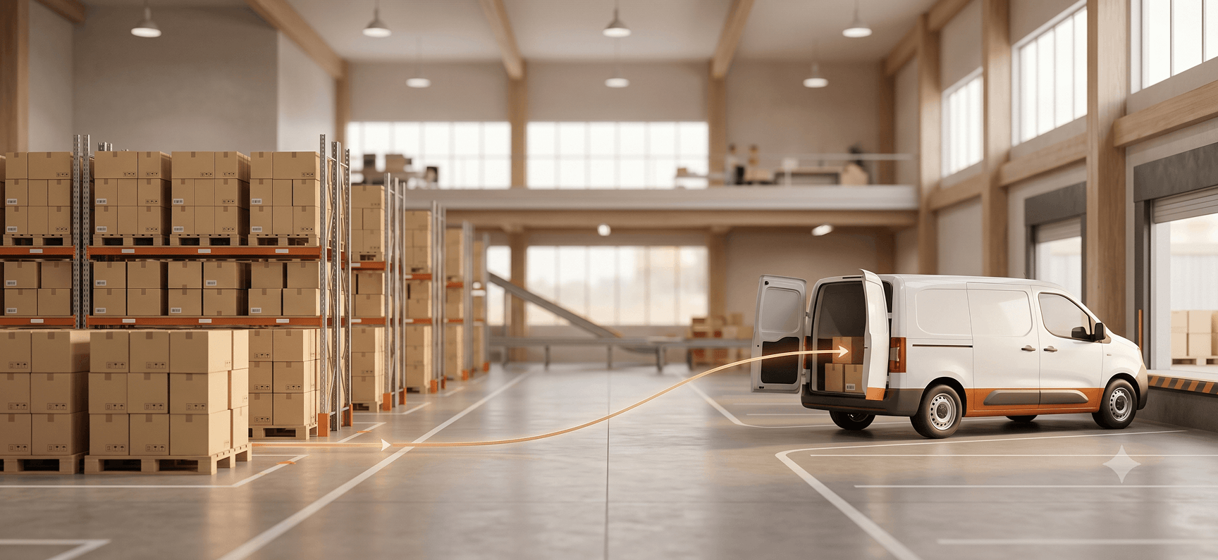 Van in warehouse loading stock.