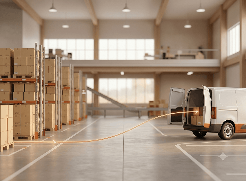 Van in warehouse loading stock.