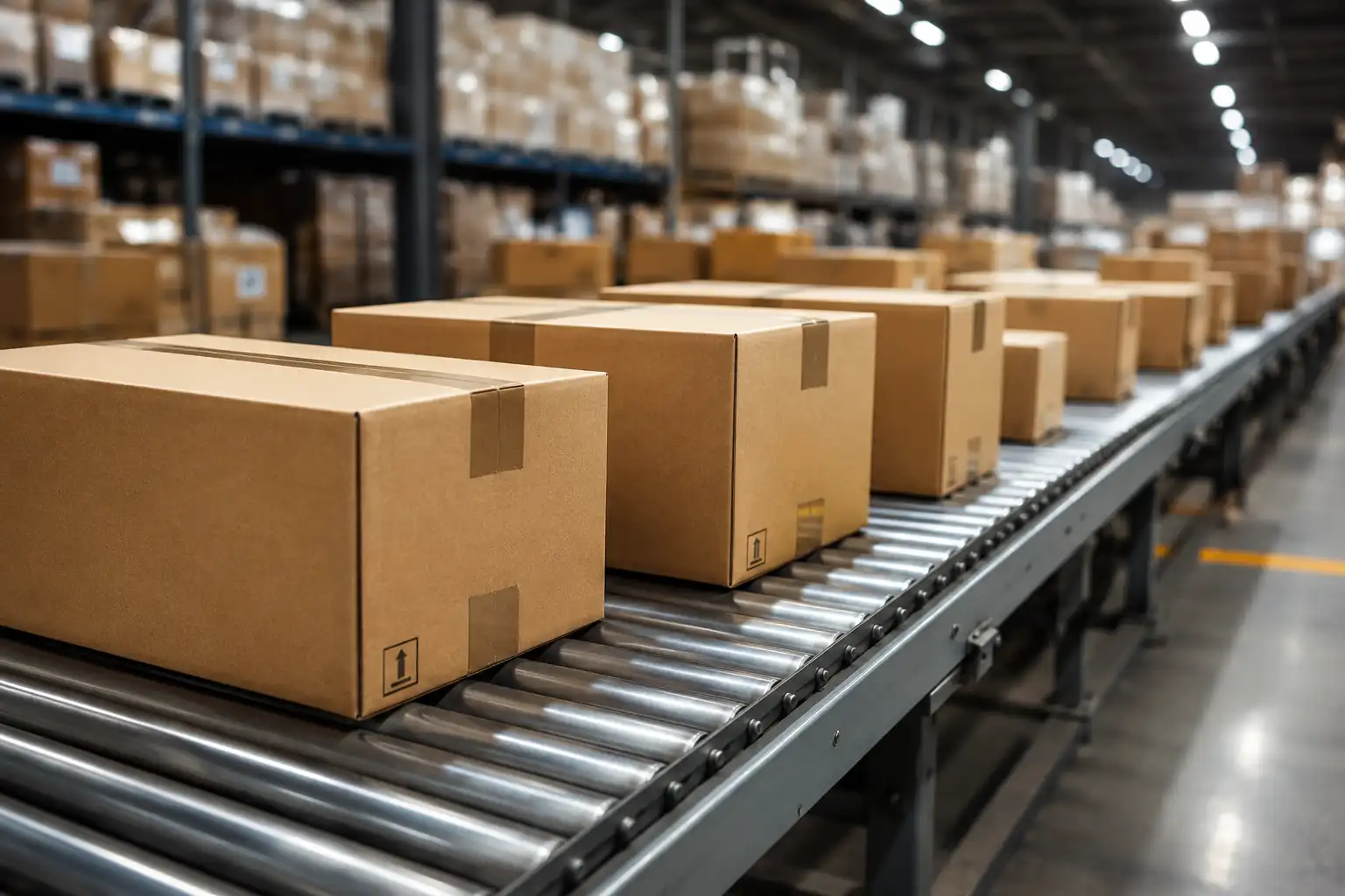 Cardboard boxes moving through a warehouse conveyor system for ecommerce sourcing and order consolidation from China