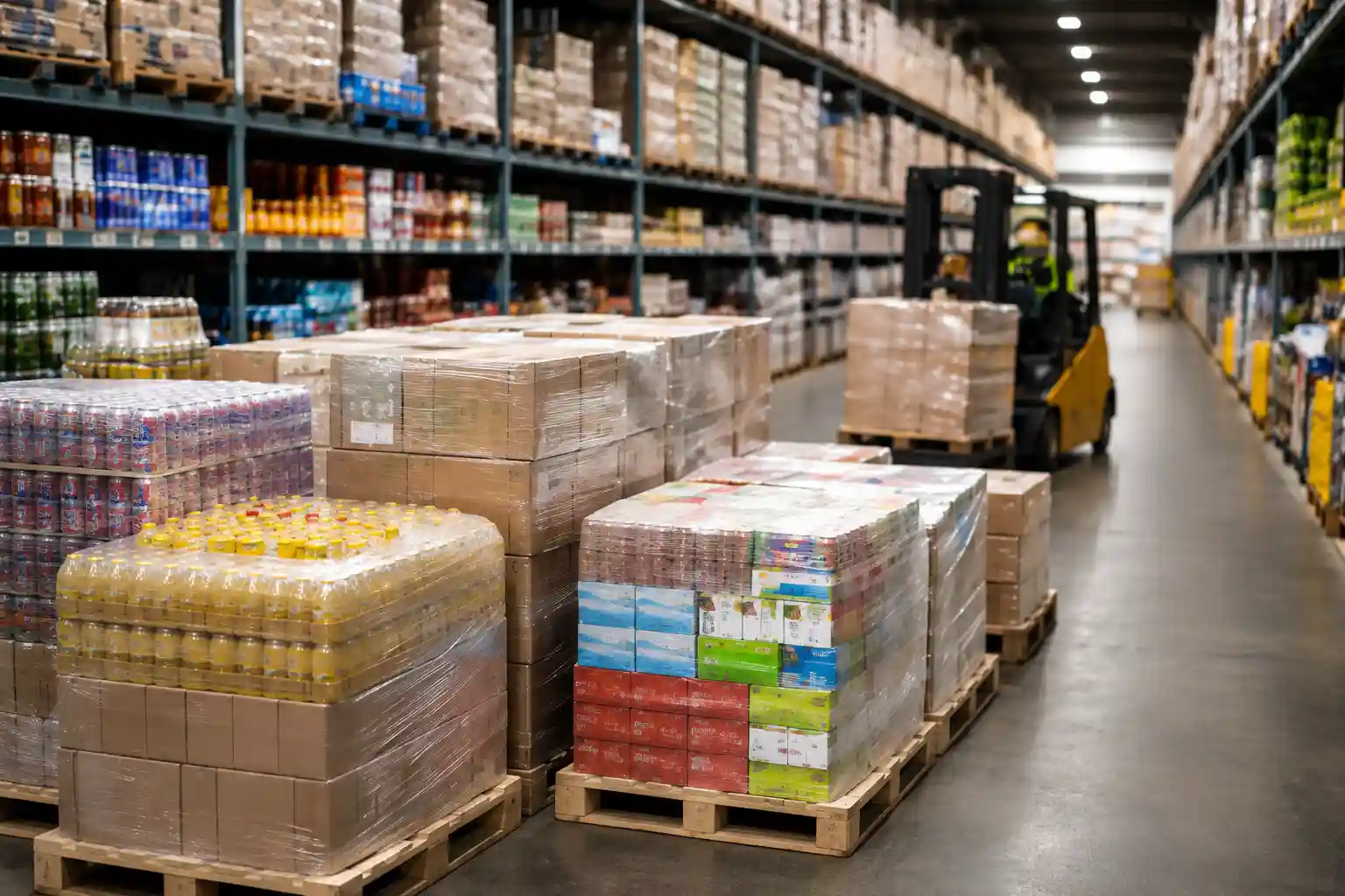 Palletized retail goods in a warehouse prepared for supermarket distribution and high-volume sourcing from China