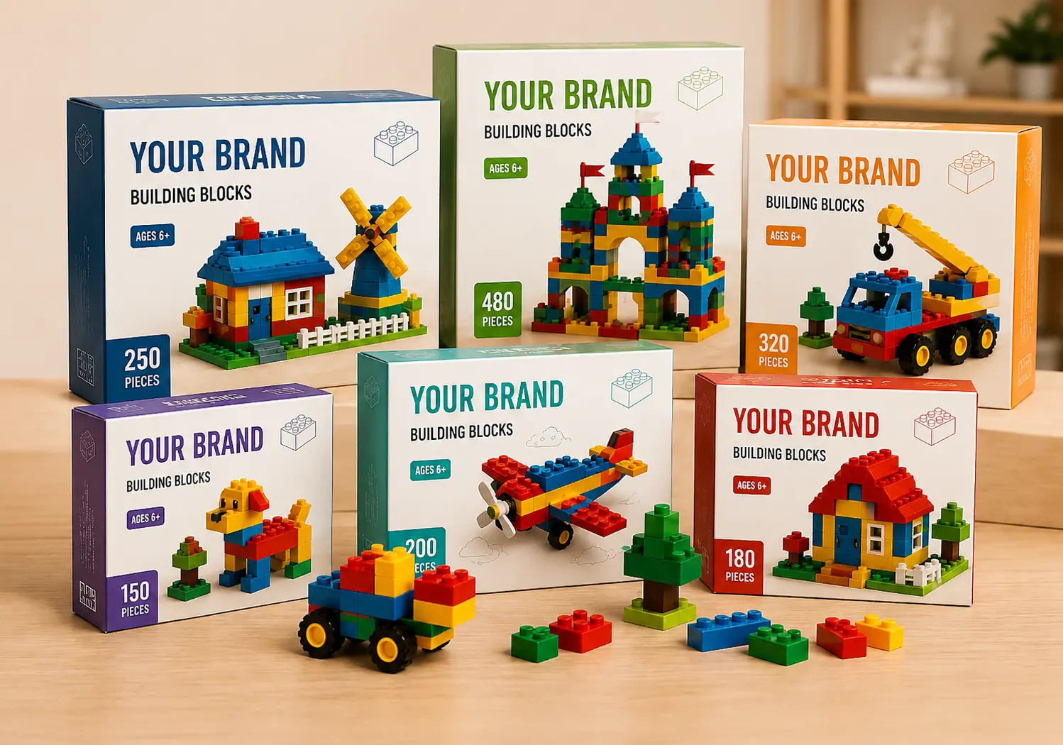 Private label building blocks toy packaging with custom brand boxes manufactured in China.