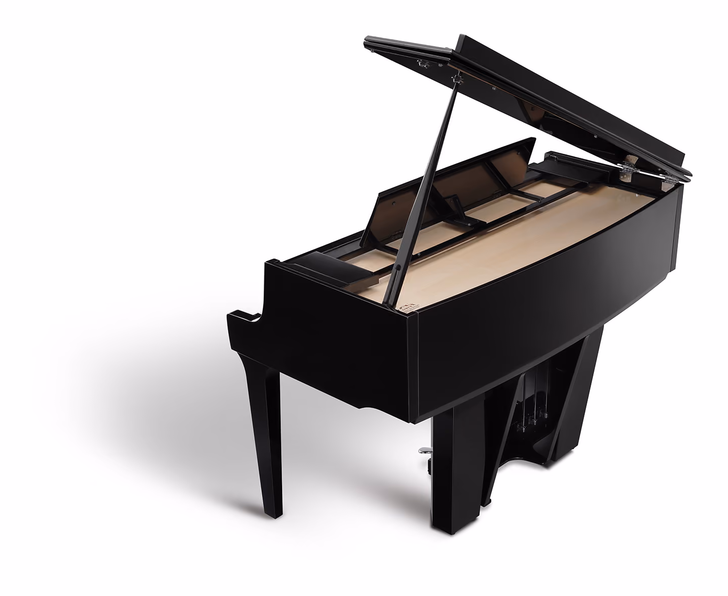 Back view of Kawai NV12 hybrid piano with the top open.