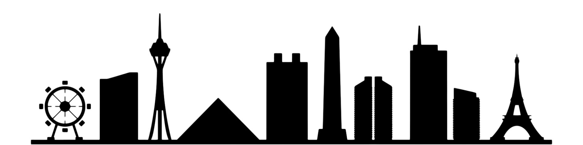Black silhouette of Las Vegas skyline including the Stratosphere, Luxor pyramid, and replica Eiffel Tower.