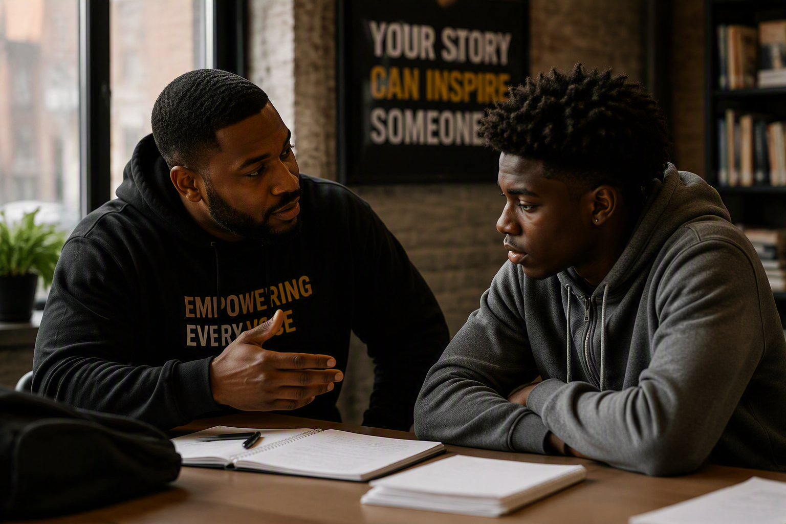 Two young men engaged in a focused conversation at a table with open notebooks and a pen, inside a room with a framed inspirational quote on the wall.