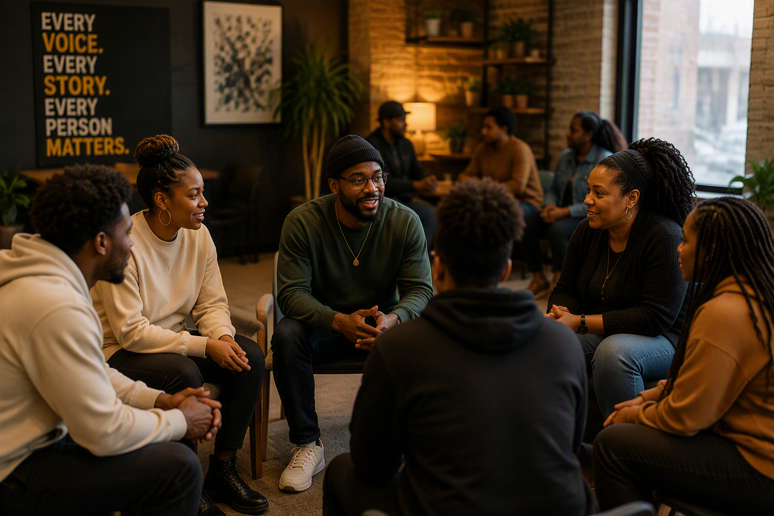 A diverse group of six adults sitting in a circle, engaged in a focused conversation in a cozy room with brick walls and plants, with a framed sign on the wall reading 'Every voice. Every story. Every person matters.'