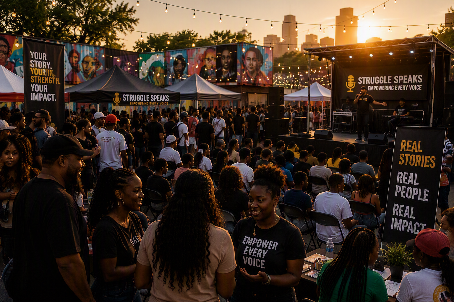Crowd of people at an outdoor event during sunset with a stage where a man speaks into a microphone under a banner that reads 'Struggle Speaks Empowering Every Voice.' Two large vertical banners read 'Your Story. Your Strength. Your Impact.' and 'Real Stories Real People Real Impact.' String lights hang overhead, and colorful murals decorate the background walls.