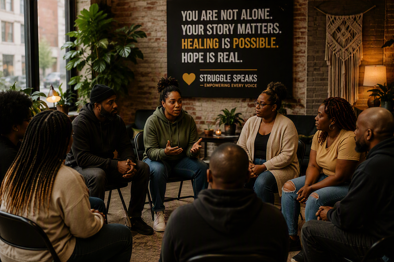 A group of seven adults sit in a circle indoors engaged in a discussion or support group, with a sign behind them reading 'You are not alone. Your story matters. Healing is possible. Hope is real. Struggle Speaks - Empowering Every Voice.'