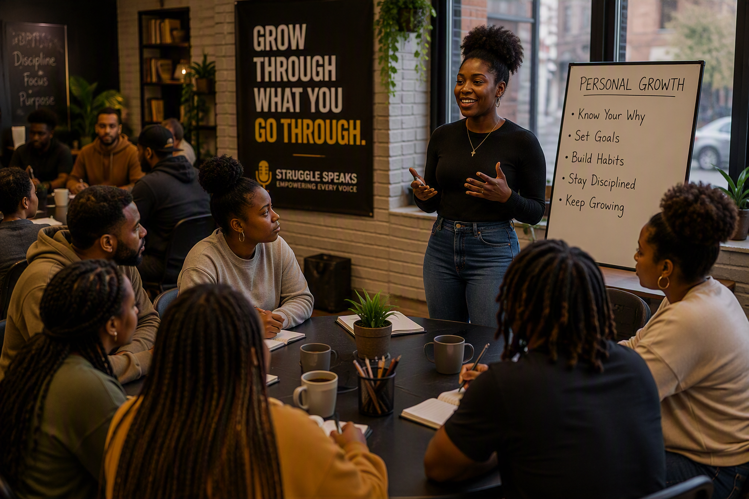 A woman stands and speaks to a group seated around a table in a meeting space, with a whiteboard listing personal growth tips and a wall poster that reads 'Grow through what you go through.' The group is engaged, with notebooks and mugs on the table.
