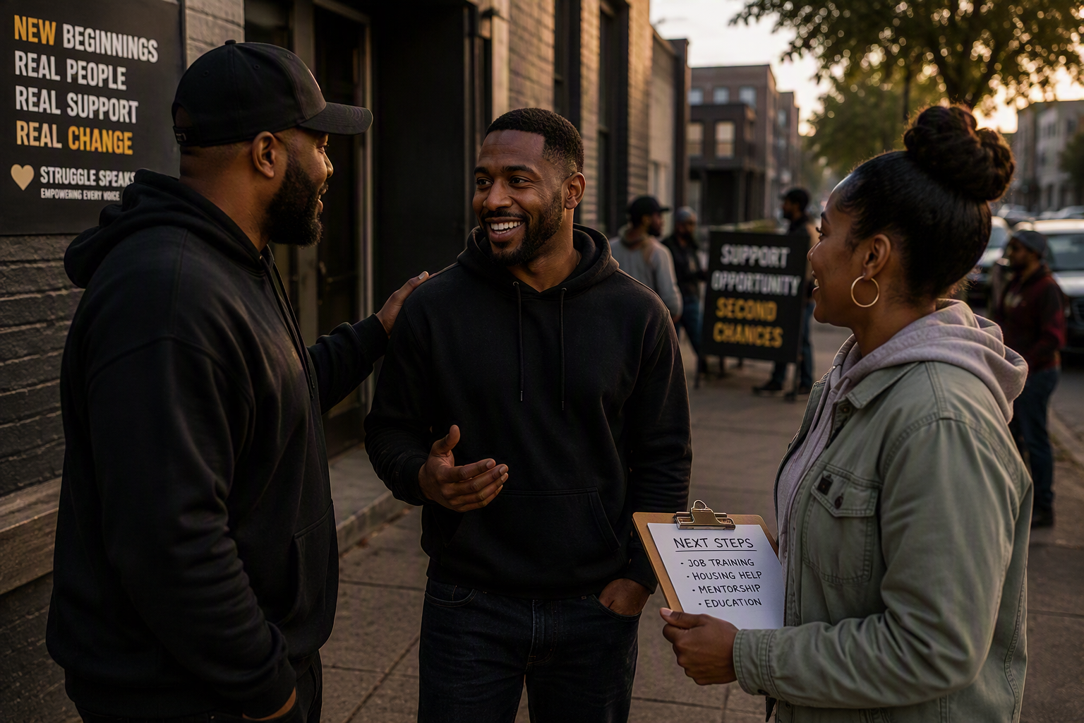 Three people standing outdoors on a city sidewalk having a friendly conversation; one woman holds a clipboard listing next steps including job training, housing help, mentorship, and education; a poster on the wall reads New Beginnings, Real People, Real Support, Real Change; another sign in the background says Support, Opportunity, Second Chances.