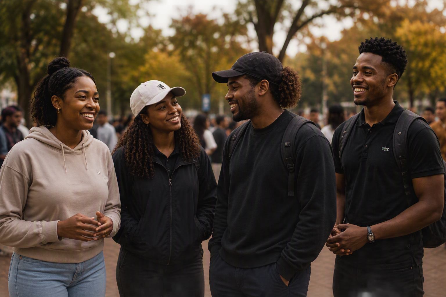 Four young adults standing outdoors in a park-like setting with autumn-colored trees in the background, engaged in a lively conversation and smiling. Two women on the left, one wearing a beige hoodie and light blue jeans, the other in a black jacket and white baseball cap. Two men on the right, both with backpacks, one in a black sweatshirt and cap, the other in a black polo shirt and watch.