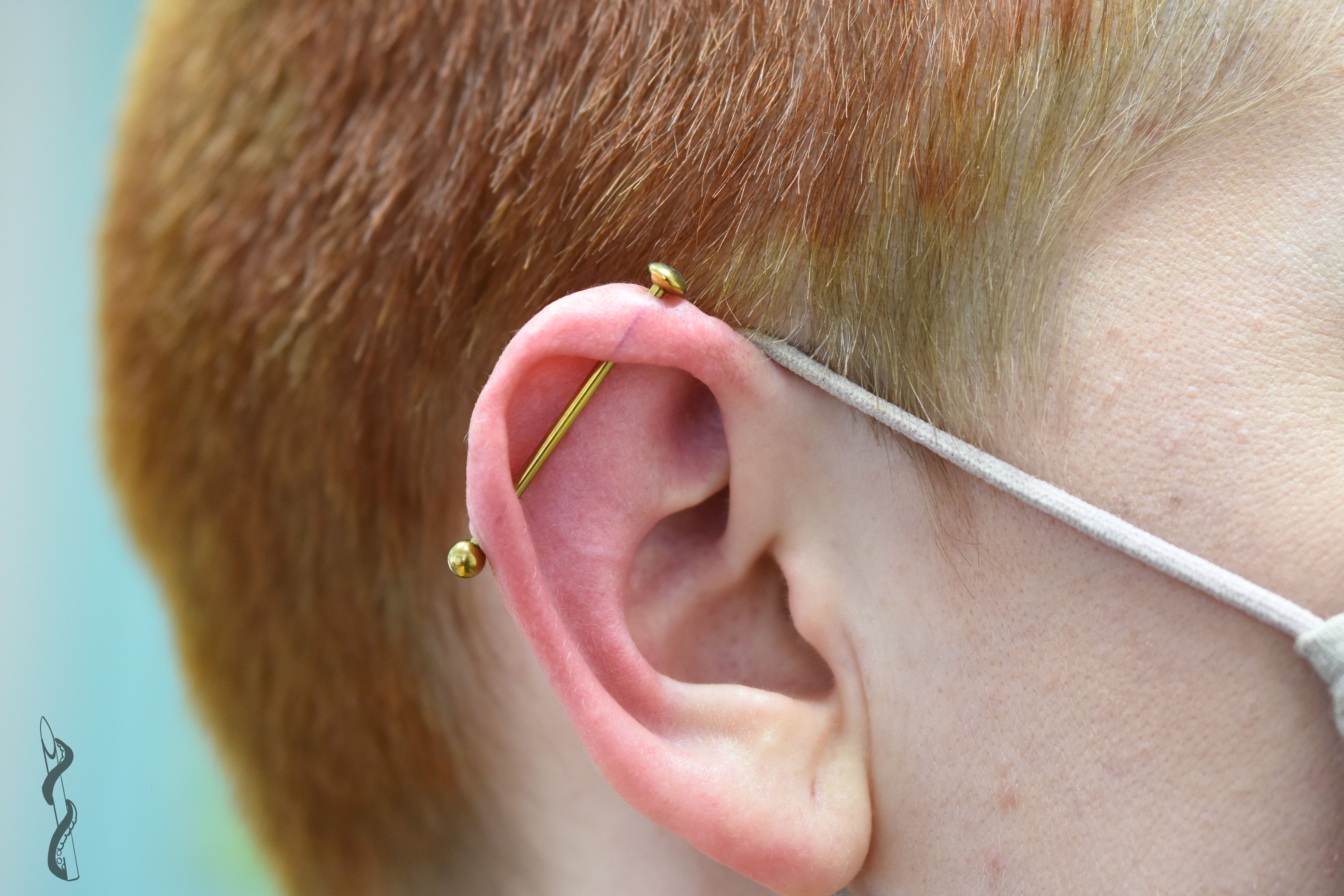 Industrial piercing with 14g  internally treaded implant grade titanium barbell with M&M and ball ends all anodized gold.