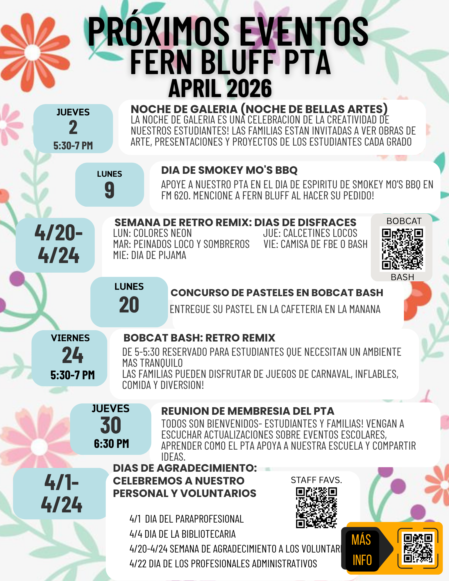 Fern Bluff PTA April newsletter flyer in Spanish.