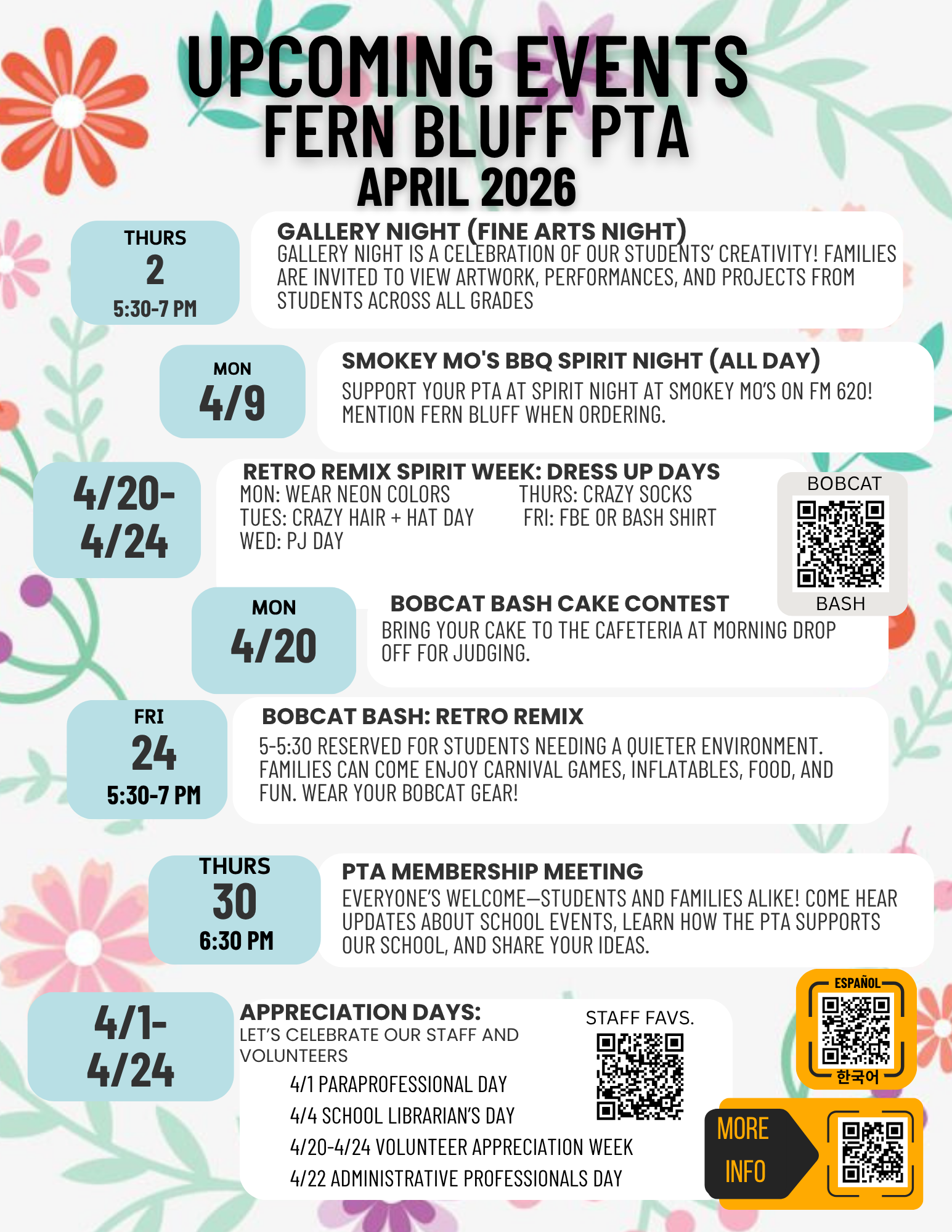 Fern Bluff PTA April newsletter flyer.