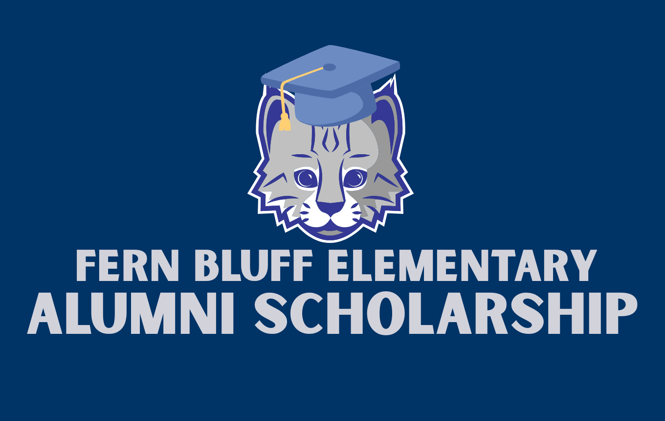 Fern Bluff Elementary Alumni Scholarship logo with a graduation cap on the school's bobcat mascot.
