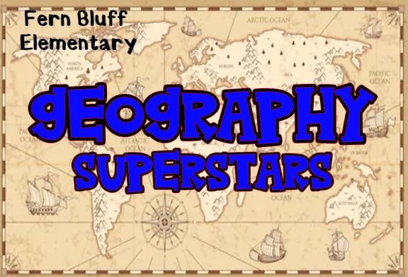 Fern Bluff Elementary Geography Superstars logo over a vintage world map.