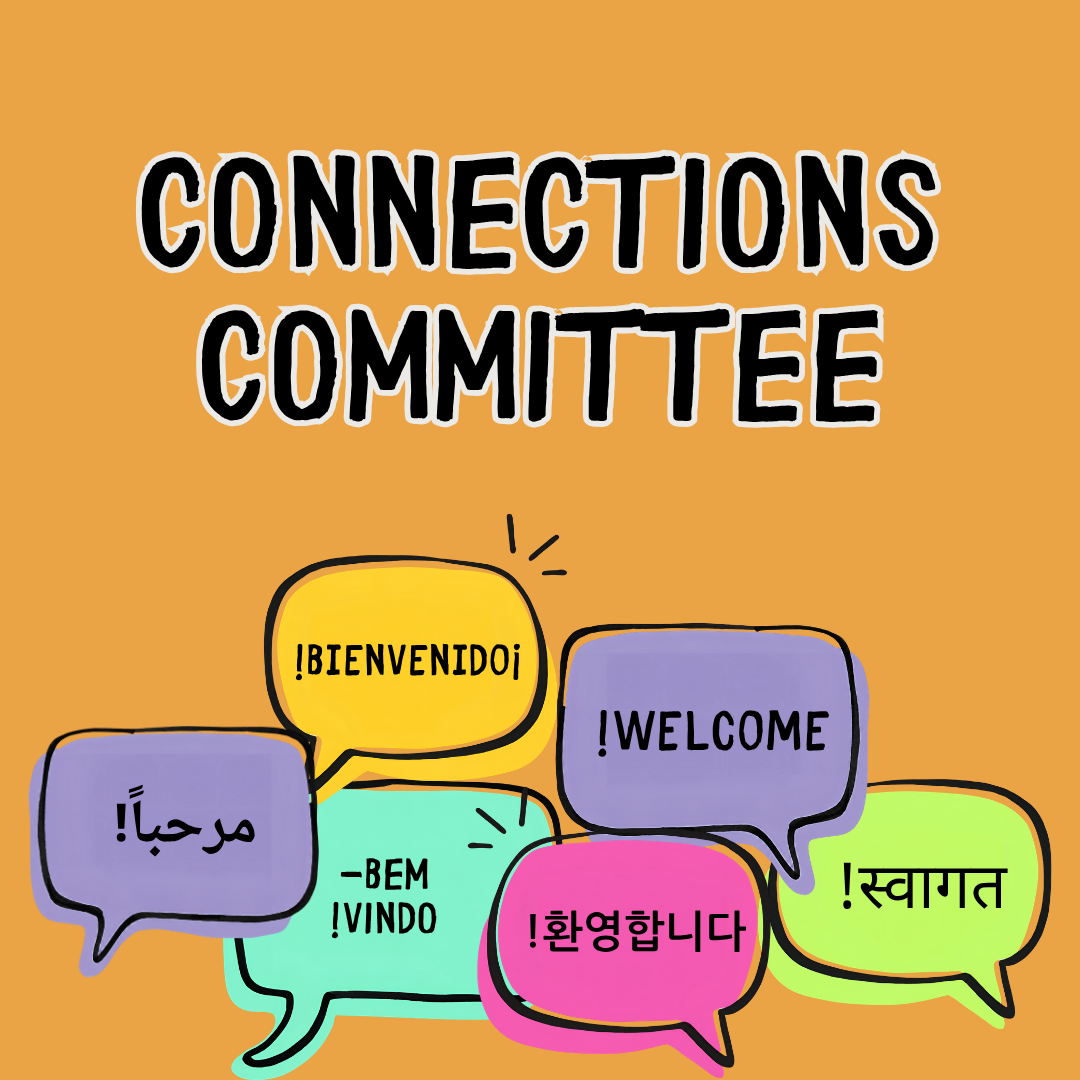 Connections Committee graphic with Welcome speech bubbles in multiple languages.
