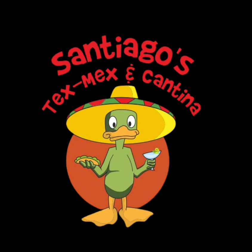 Santiago's Tex-Mex and Cantina logo with a duck mascot, a Fern Bluff PTA Bobcat Bash sponsor.