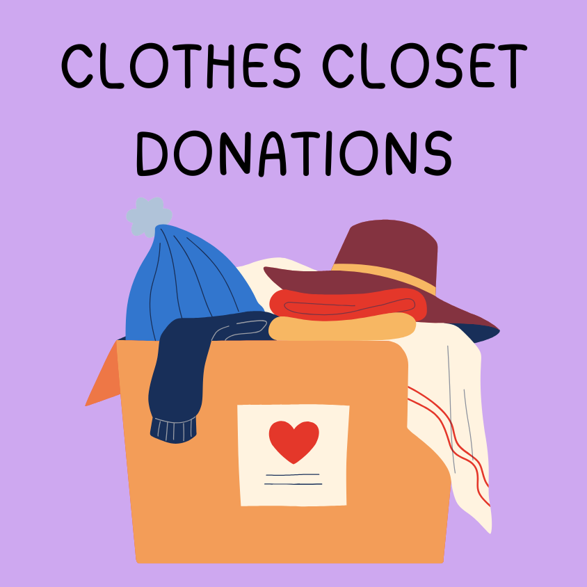 Clothes Closet Donations graphic with a box of folded clothing and a heart.