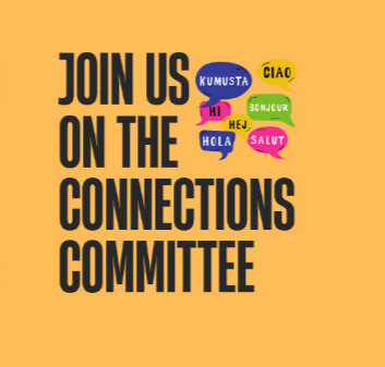 Join Us on the Connections Committee graphic with welcome speech bubbles in multiple languages.