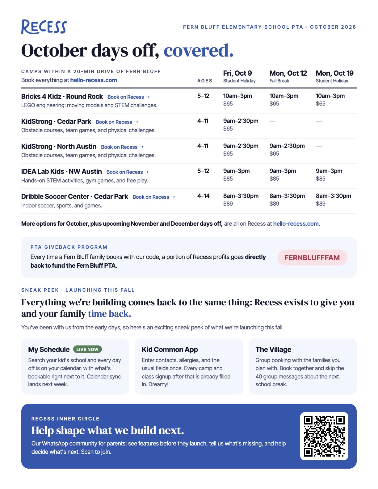 Recess flyer for Fern Bluff families: October days off, covered. Camps within a 20-minute drive of Fern Bluff for the October 9, 12 and 19 days off, booked at hello-recess.com with school code FERNBLUFFFAM, which gives back to the Fern Bluff PTA.