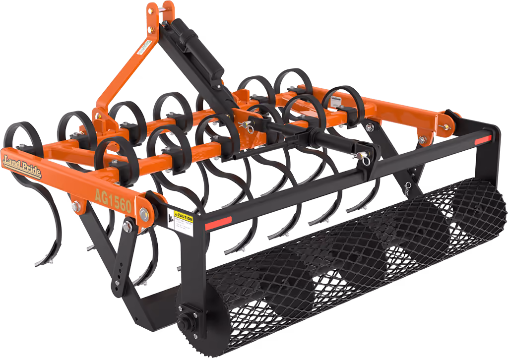 Orange grading attachment with wide steel blade on a white studio background.
