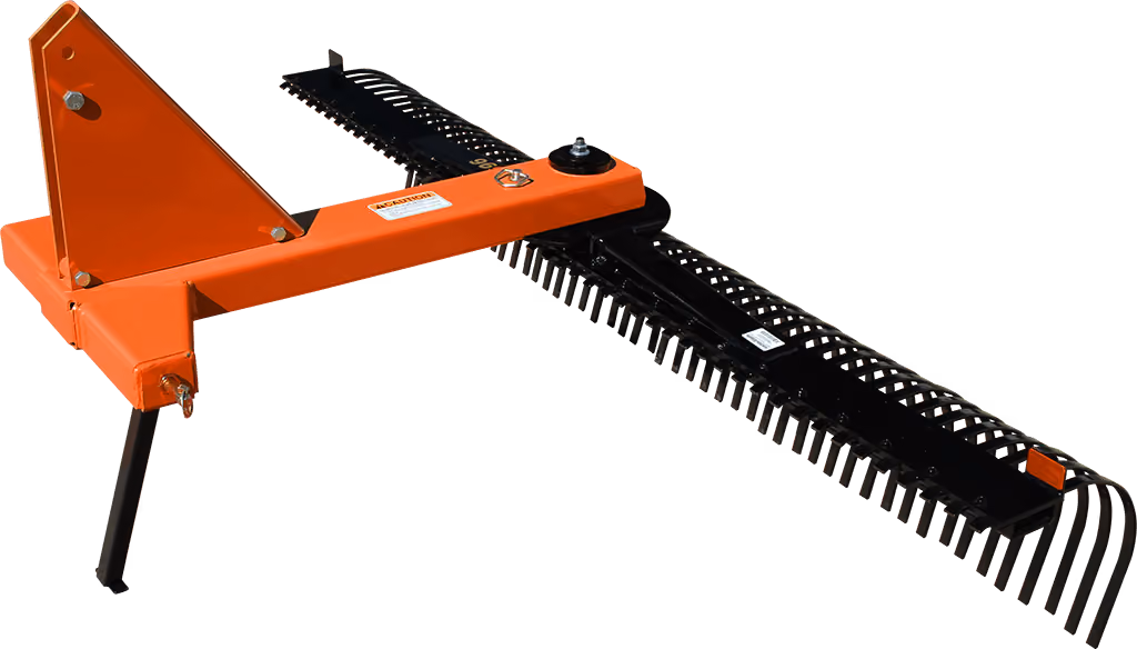 Orange rake attachment with rows of steel tines on a white studio background.