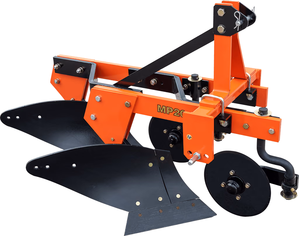 Orange mouldboard plough attachment with curved steel blades on a white studio background.