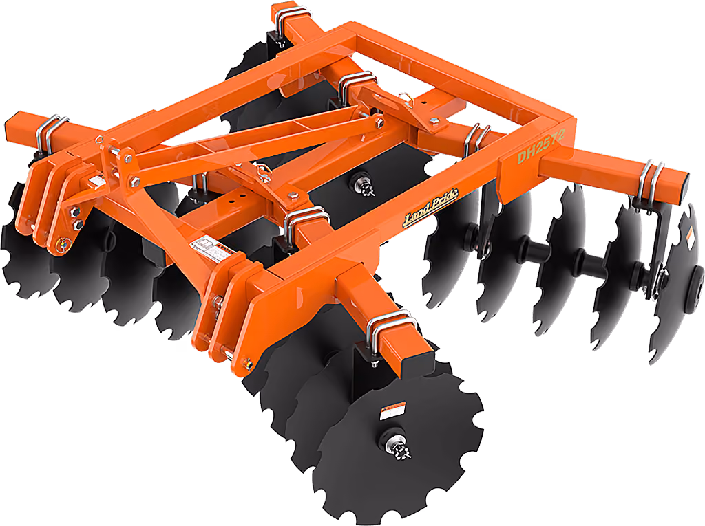 Orange disc harrow attachment with angled steel discs on a white studio background.
