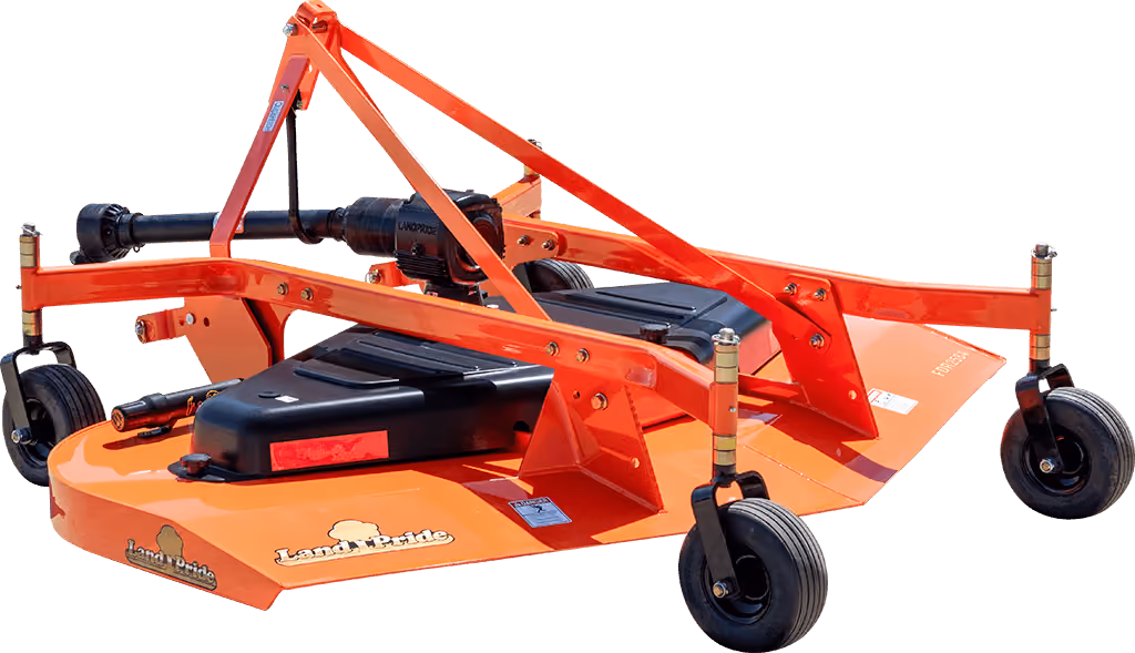 Orange Kubota mower with cutting deck on a white studio background.
