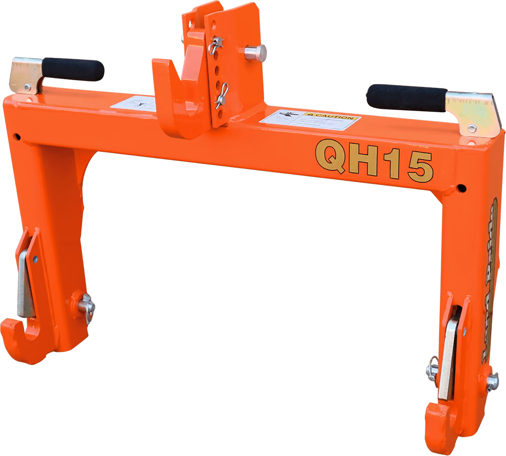 Quick hitch frame attachment for connecting tractor implements on a white studio background.