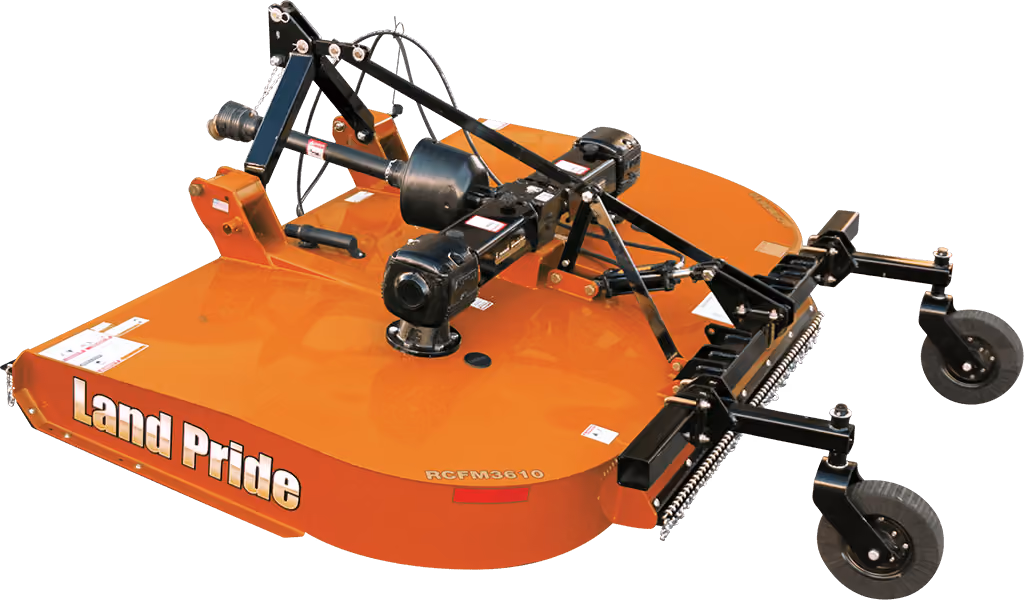 Orange rotary cutter attachment for pasture and field mowing on a white studio background.