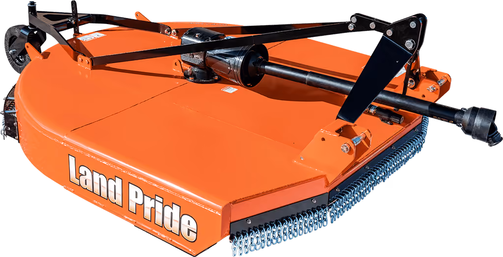 Orange rotary cutter attachment for pasture and field mowing on a white studio background.