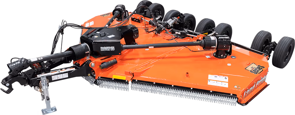 Orange rotary cutter attachment for pasture and field mowing on a white studio background.