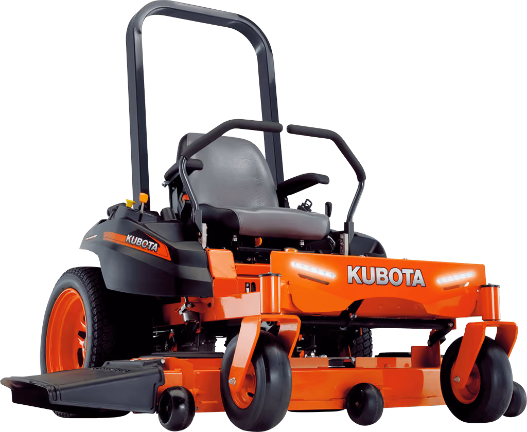 Orange Kubota mower with cutting deck on a white studio background.