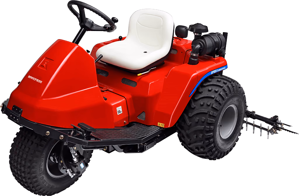 Turf bunker rake machine with rear grooming rake on a white studio background.